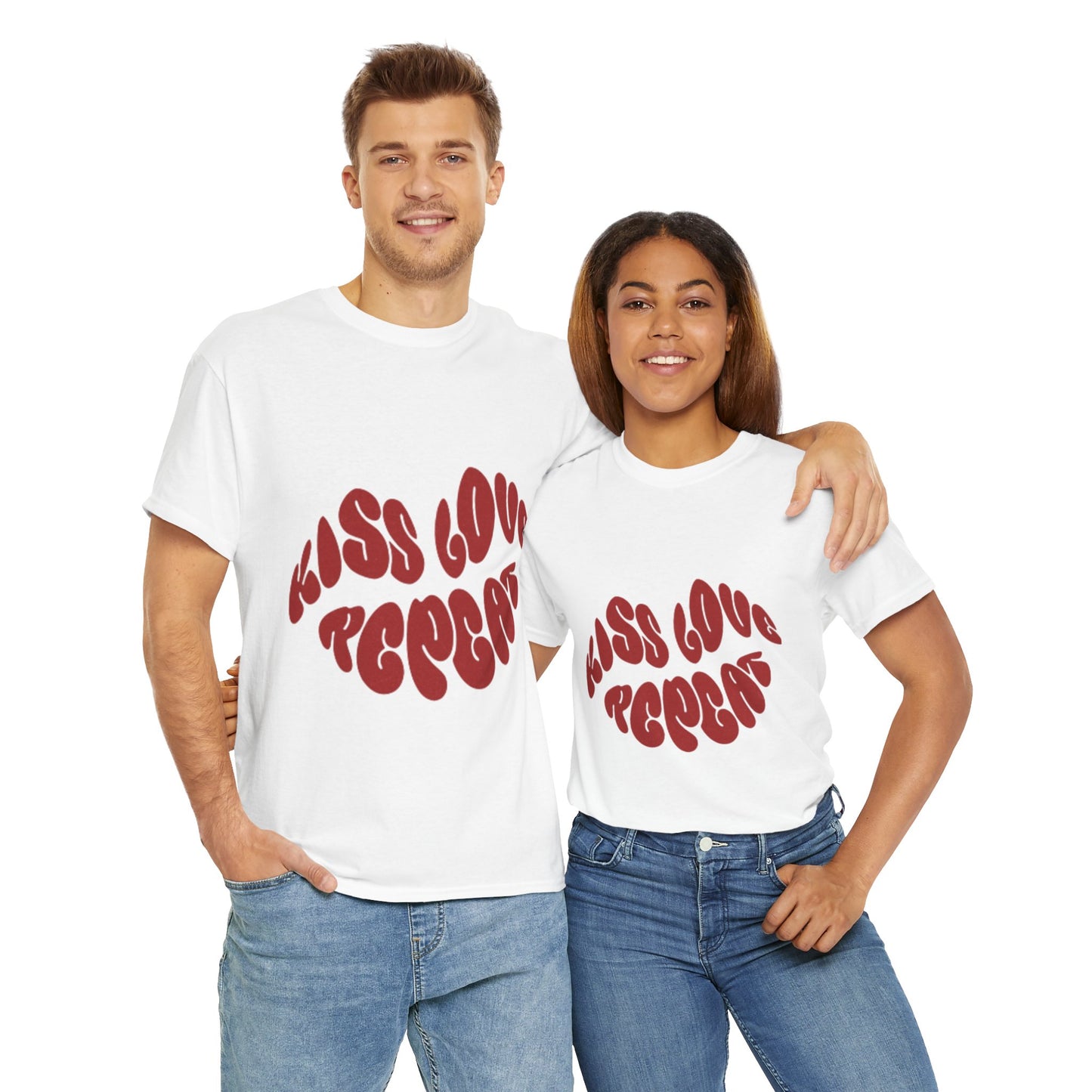 Kiss Love Repeat Unisex Heavy Cotton Tee - Retro Vibe Graphic T-Shirt